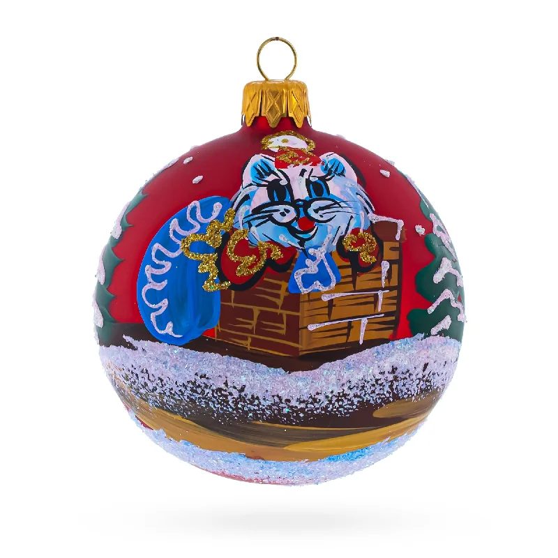 Cat Stuck in Chimney Blown Glass Ball Christmas Ornament 3.25 Inches