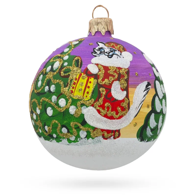 Cat Leaving Holiday Gifts Blown Glass Ball Christmas Ornament 3.25 Inches