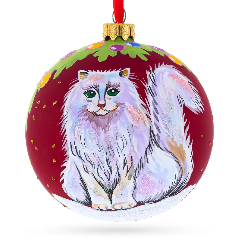 Fluffy White Persian Cat Blown Glass Ball Christmas Ornament 4 Inches