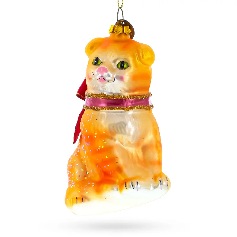 Orange Tabby Cat Blown Glass Christmas Ornament