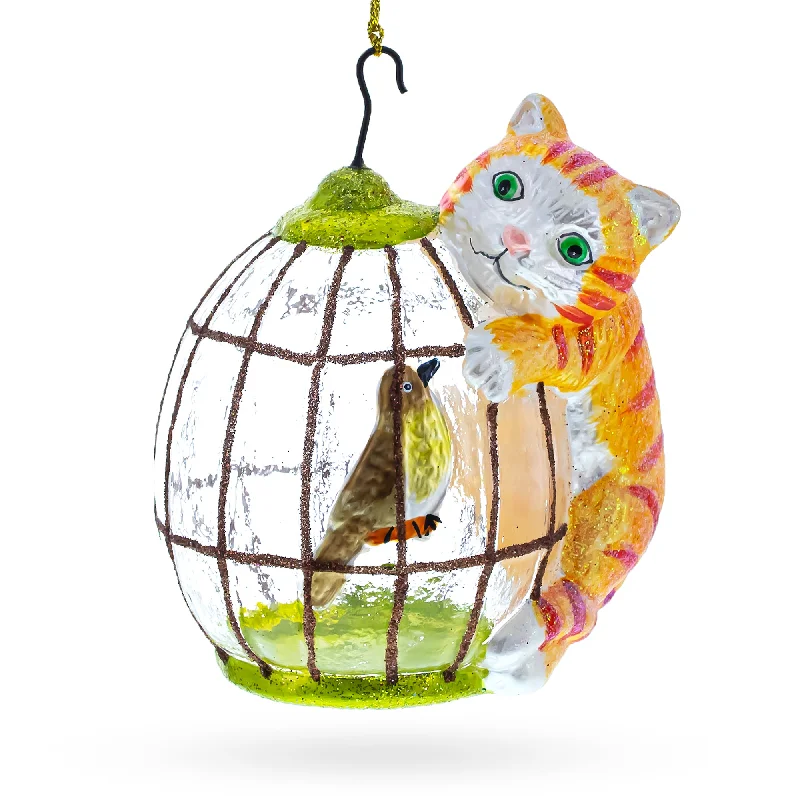 Cat Perched on Bird Cage Blown Glass Christmas Ornament