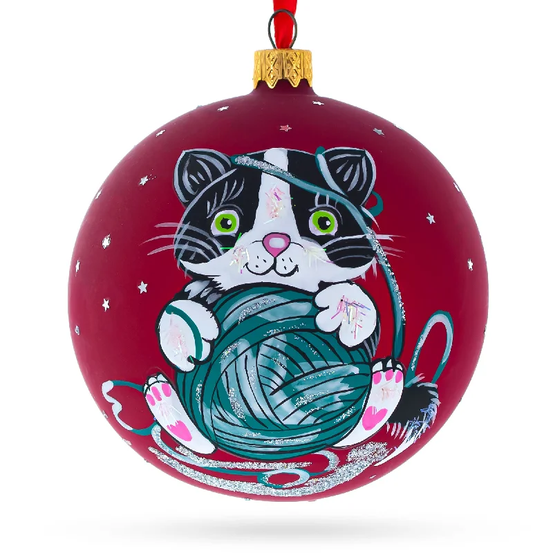 Playful Kitten with Green Yarn Glass Blown Ball Christmas Ornament 4 Inches