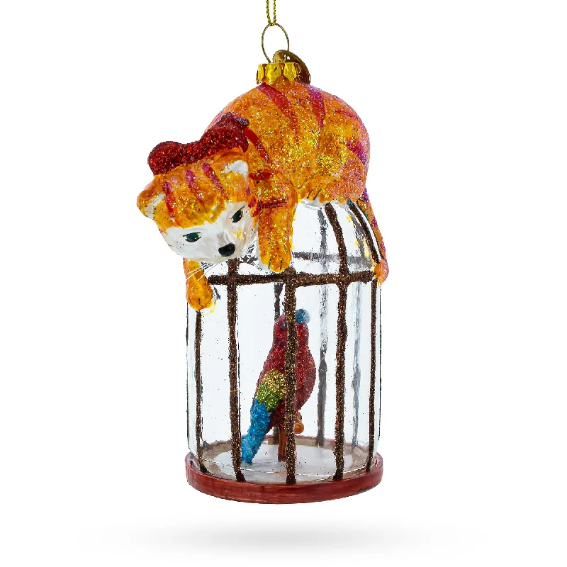 Cat Perched on Parrot Bird Cage Glass Christmas Ornament