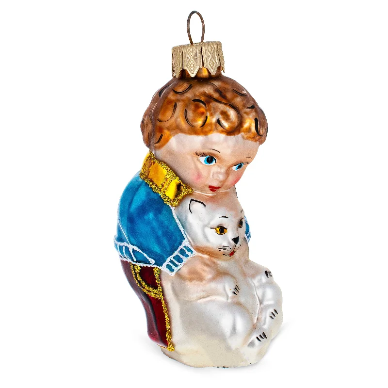 Boy Petting Cat Mini Glass Christmas Ornament