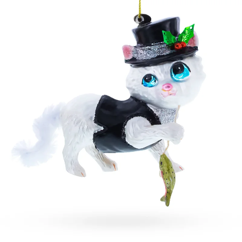 Mysterious Cat in Black Costume Holding Fish Blown Glass Christmas Ornament