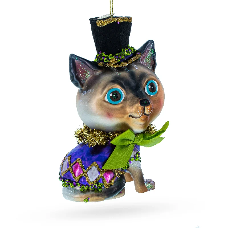 Playful "Cat in the Hat" Blown Glass Christmas Ornament