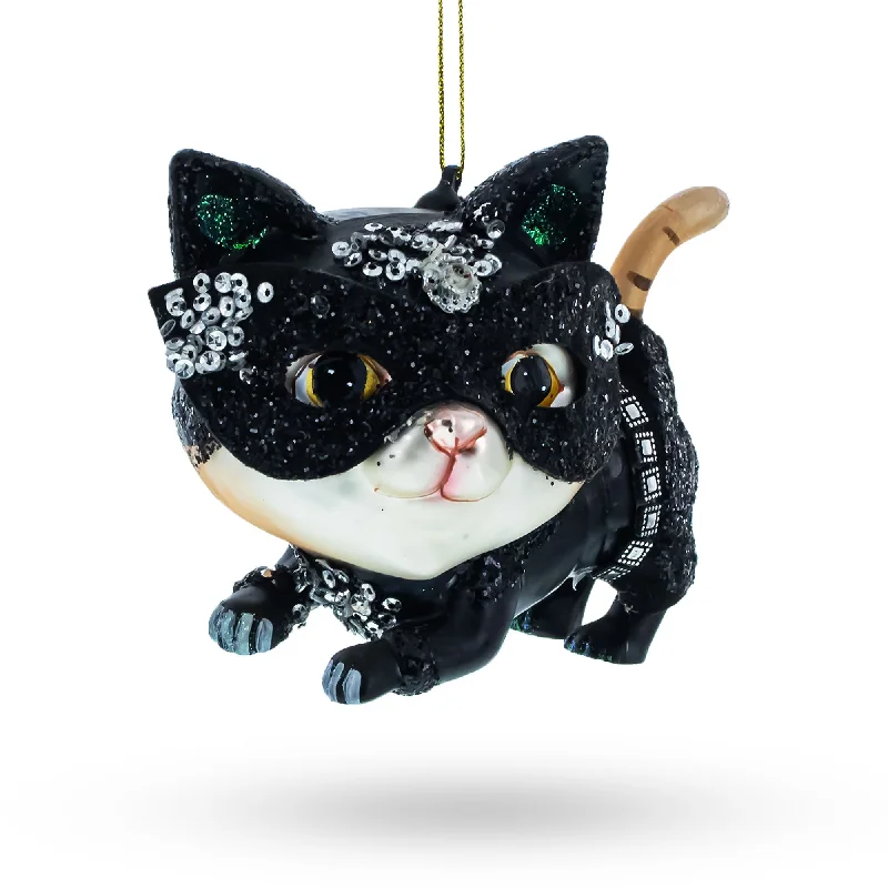 Mysterious Cat in Mask Blown Glass Christmas Ornament