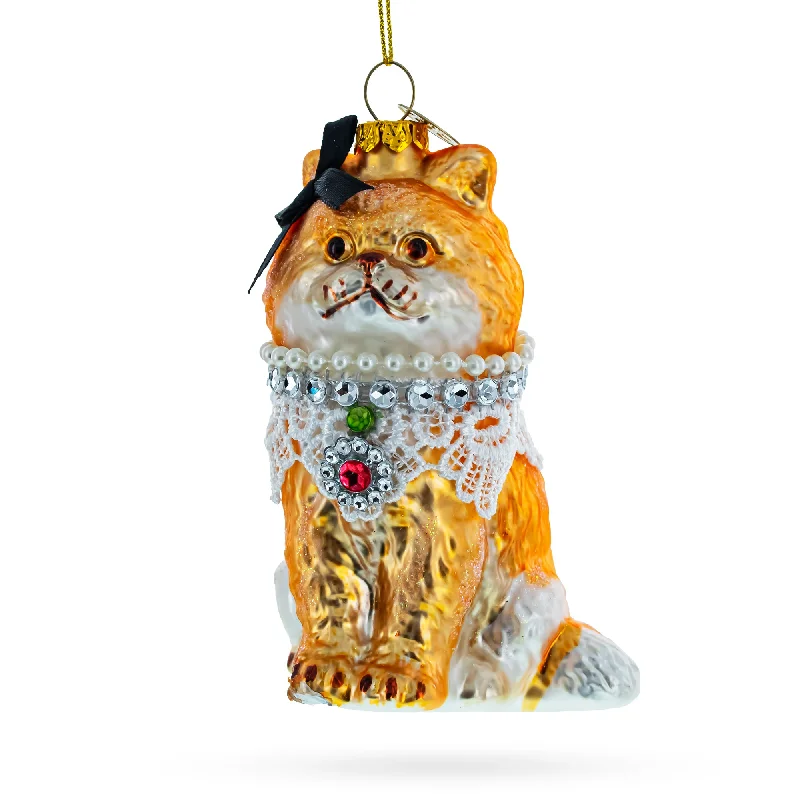 Chic Cat with Pendant Blown Glass Christmas Ornament