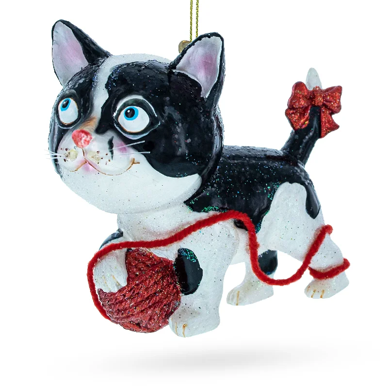 Playful Cat Entangled with Yarn Ball Blown Glass Christmas Ornament