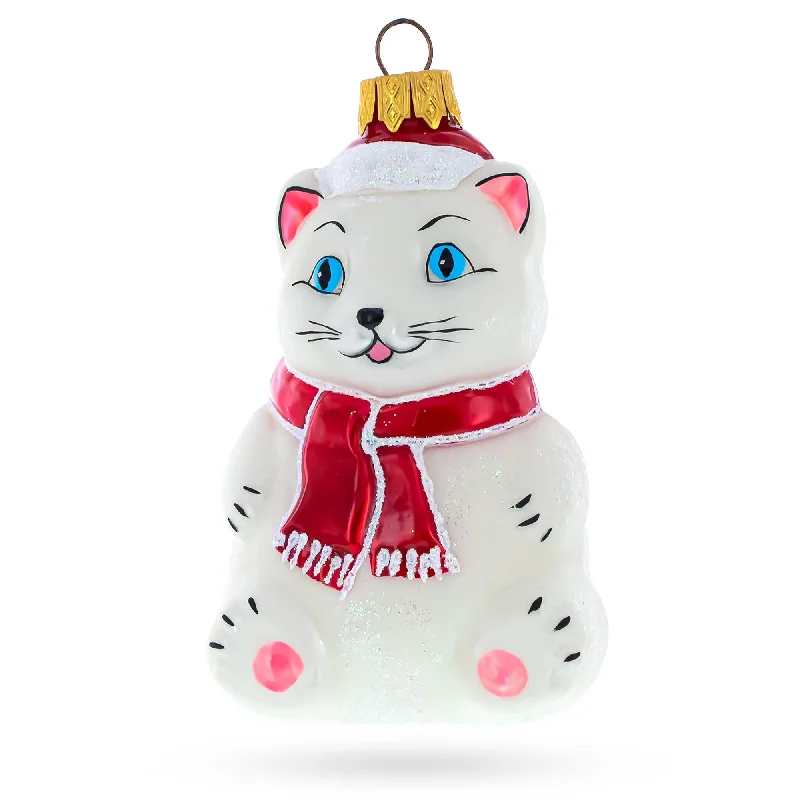 White Cat Wearing Red Scarf Mini Glass Christmas Ornament