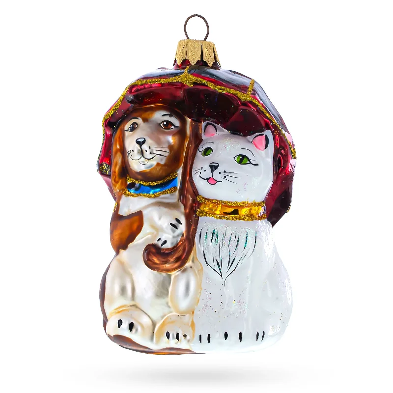 Dog and Cat Under Umbrella Mini Glass Christmas Ornament