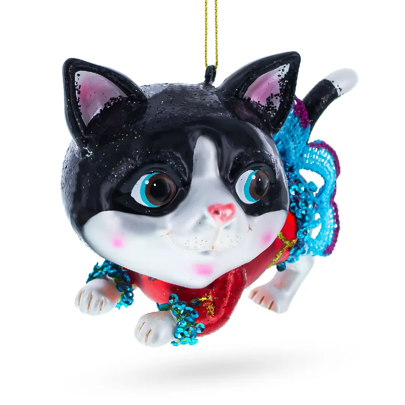 Black Cat Wearing a Dress Blown Glass Christmas Ornament