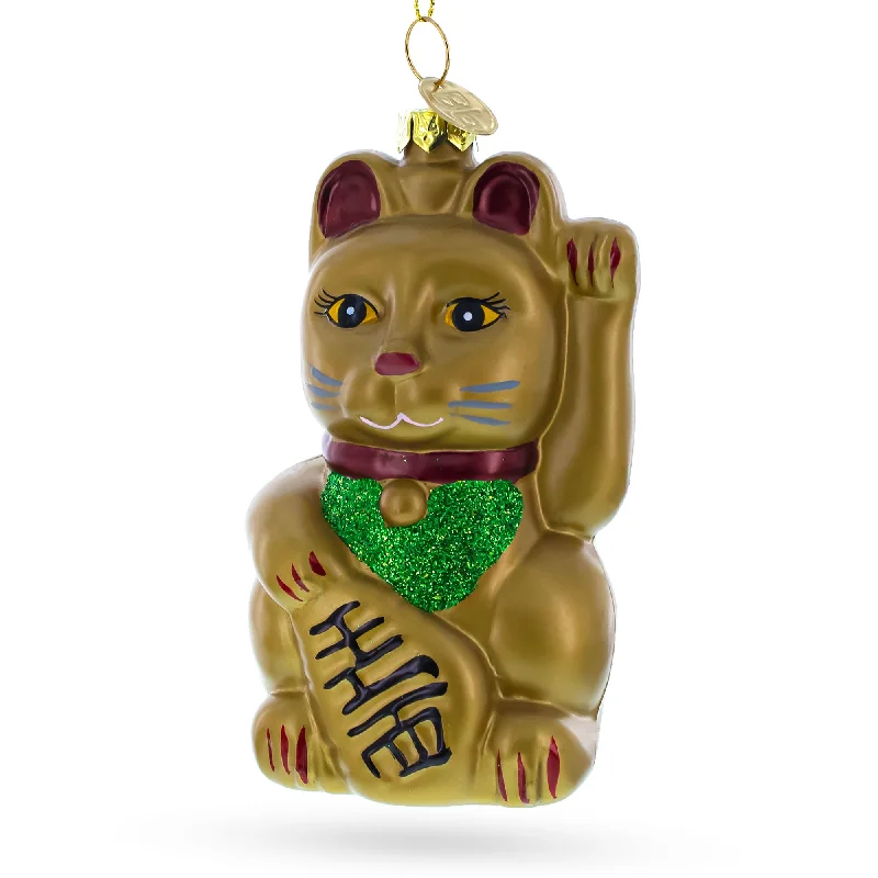 Lucky Cat Blown Glass Christmas Ornament