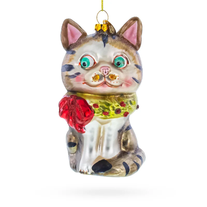 Cat with Sparkling Collar Blown Glass Christmas Ornament