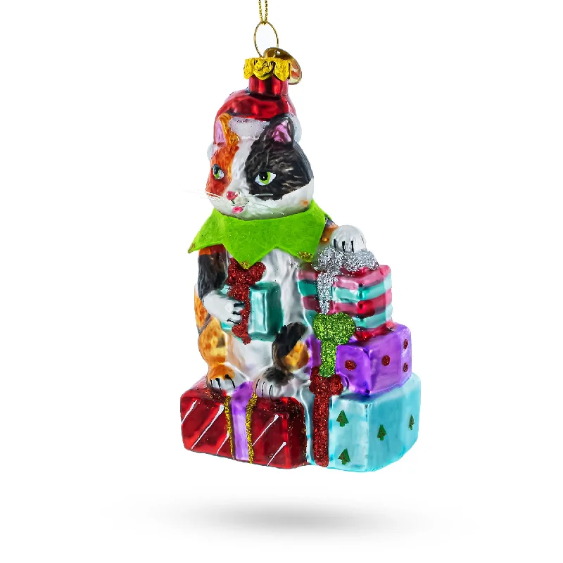 Festive Cat Surrounded by Gift Boxes Blown Glass Christmas Ornament