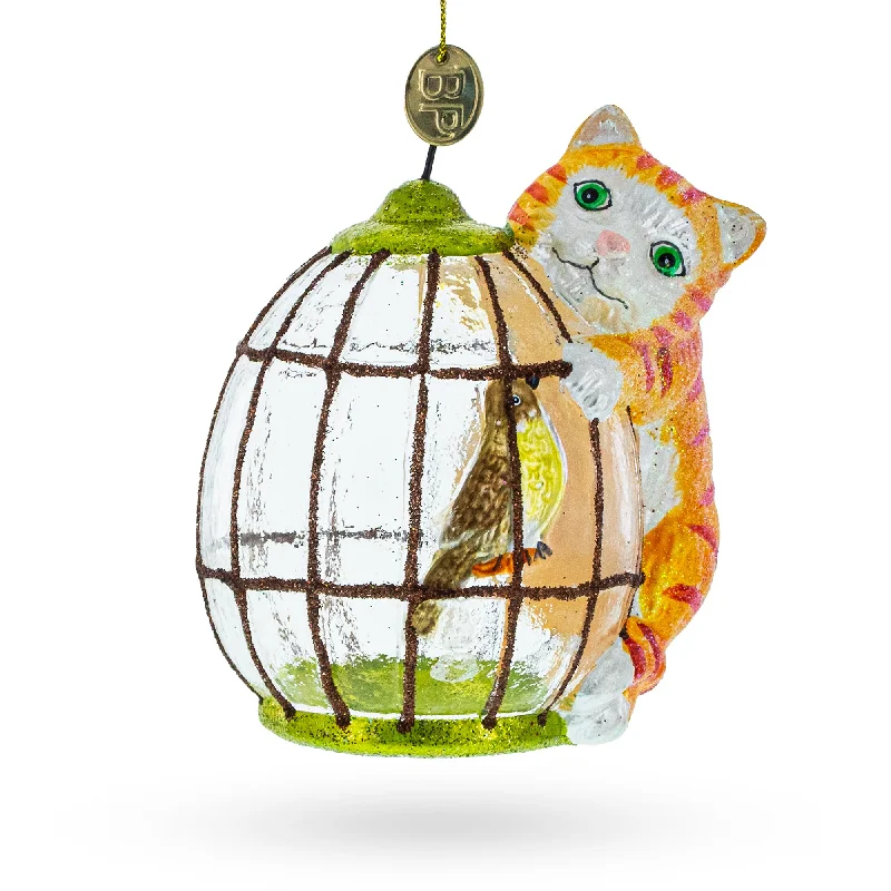 Whimsical Cat with a Bird Cage Glass Christmas Ornament