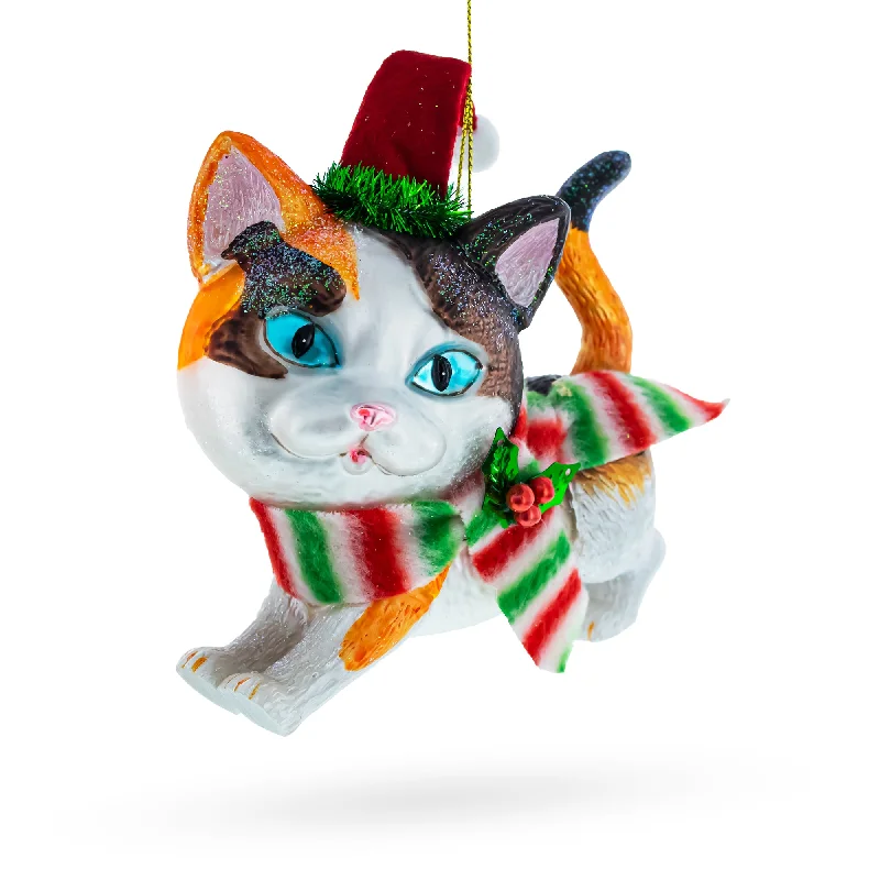 Cozy Cat in Santa Hat and Scarf Glass Christmas Ornament