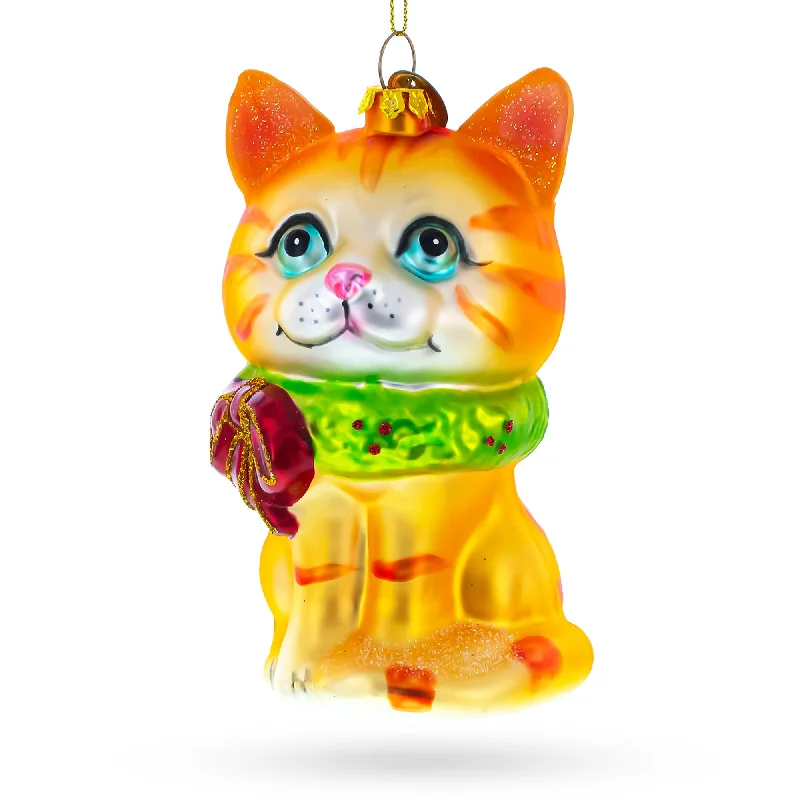 Vibrant Orange Cat Blown Glass Christmas Ornament