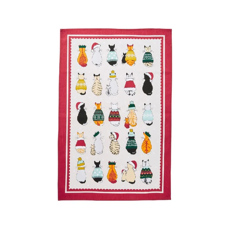 Ulster Weavers Recycled Cotton Tea Towel - Christmas Cats in Waiting (Red)