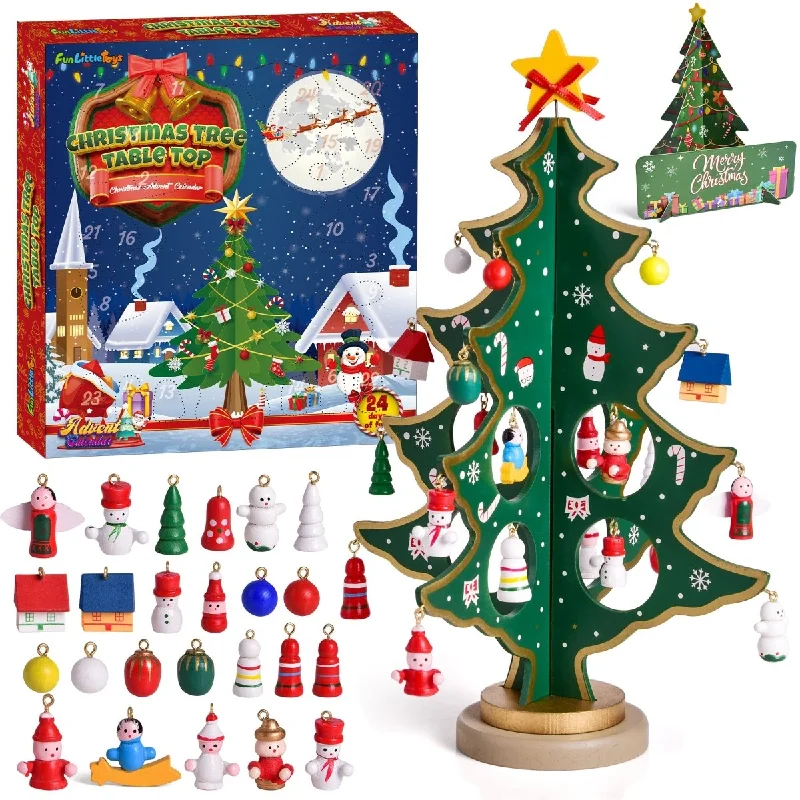 Christmas Advent Calendar: Wooden Tabletop Tree with Ornaments