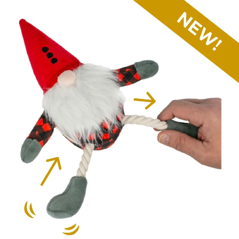 Squeaky Plush Dog Toy: Gnome Pull-Through Rope