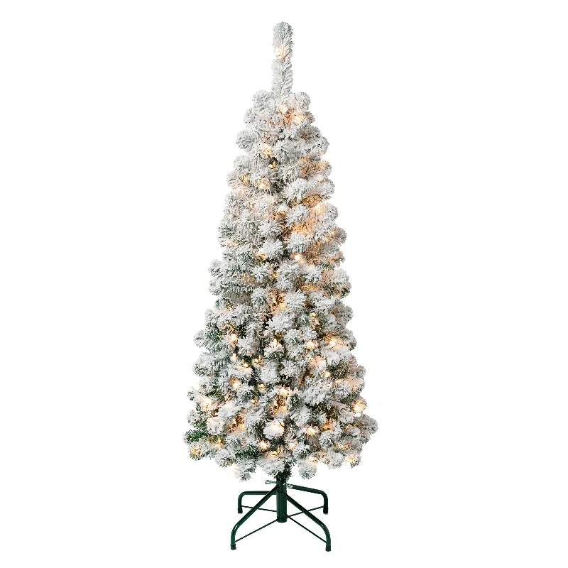 4.5 ft. Pre-Lit Acacia Pencil Slim Flocked Tree with Clear Lights