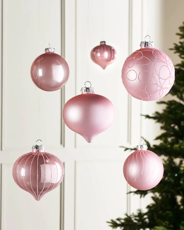 Baby Pink Glass Baubles, 6 Pack, 10 cm