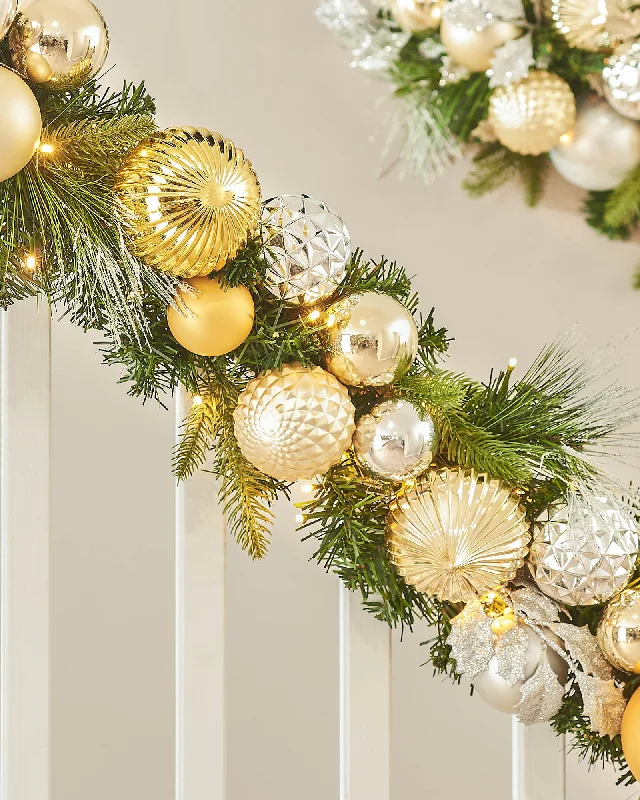 Pre-Lit Decorated Garland, Silver/Champagne/Gold, 9 ft