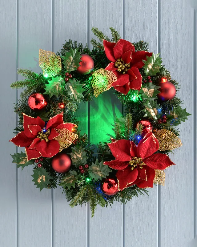 Pre-Lit Multi-Coloured Decorated Wreath, Red/Gold, 60 cm