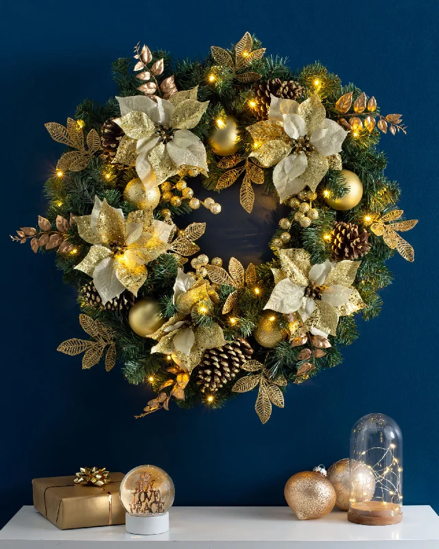 Pre-Lit Extra Thick Garland & Wreath, Cream/Gold