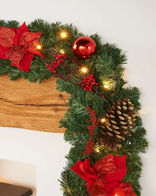 Pre-Lit Extra Thick Decorated Garland & Wreath, Red/Gold