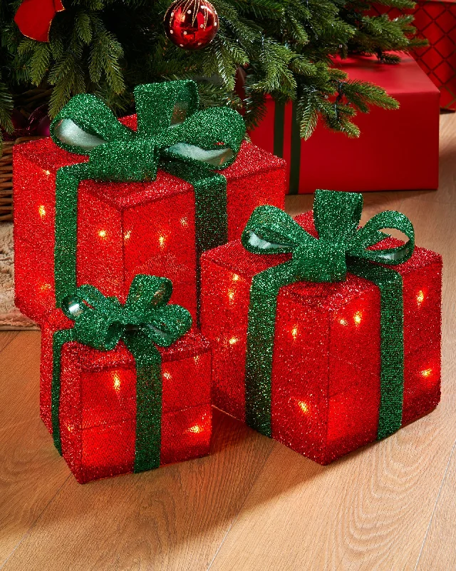 Set of 3 Pre-Lit Gift Box Silhouettes 50 LED , Red